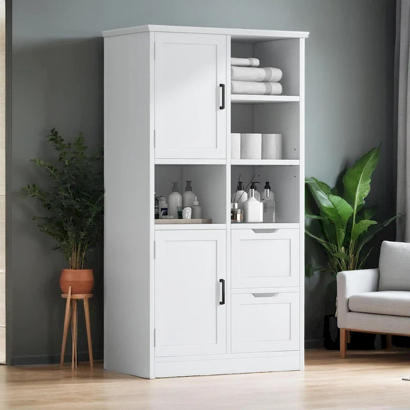 Bathroom Storage Cabinet with Doors and Drawers,Multiple Storage Space,Freestanding Style,Open Shelve, Adjustable Shelf, White