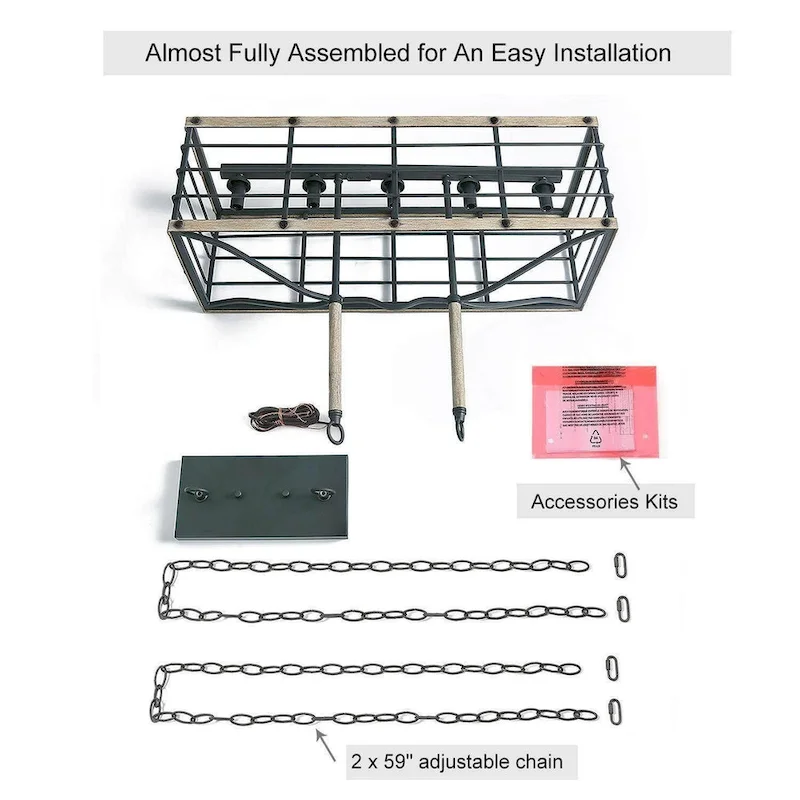 Farmhouse 5-Light Wood Grain Chandelier Kitchen Island Lights - L26 XW10.2 XH19.7