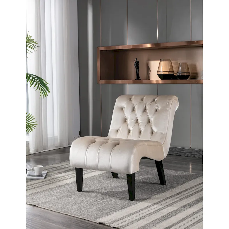 Beige Velvet Accent Chair, Button-Tufted, Single Seat, Black Wood Legs
