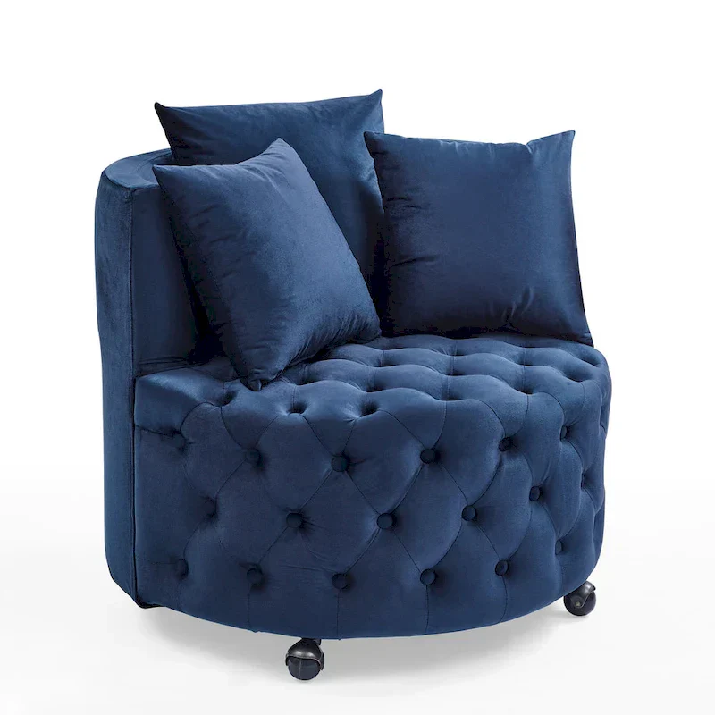 Living Room Velvet Swivel Chair with Button Tufted Design, 3 Pillows & Movable Wheels