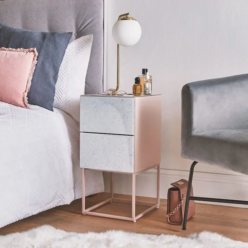 Marble Pattern Double Drawer Nightstand with Tempered Glass Top
