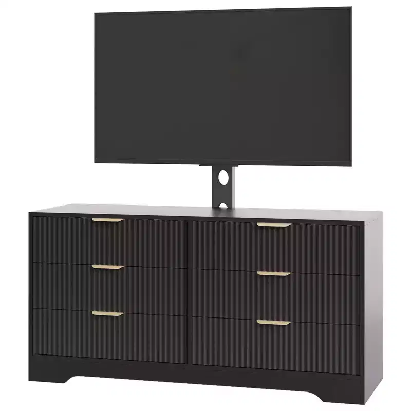 TV Stand with Mount & 6 Drawers, Modern Fluted Entertainment Center for for 32-85 TVs, Adjustable Media Console Table for Living Room Bedroom, Black