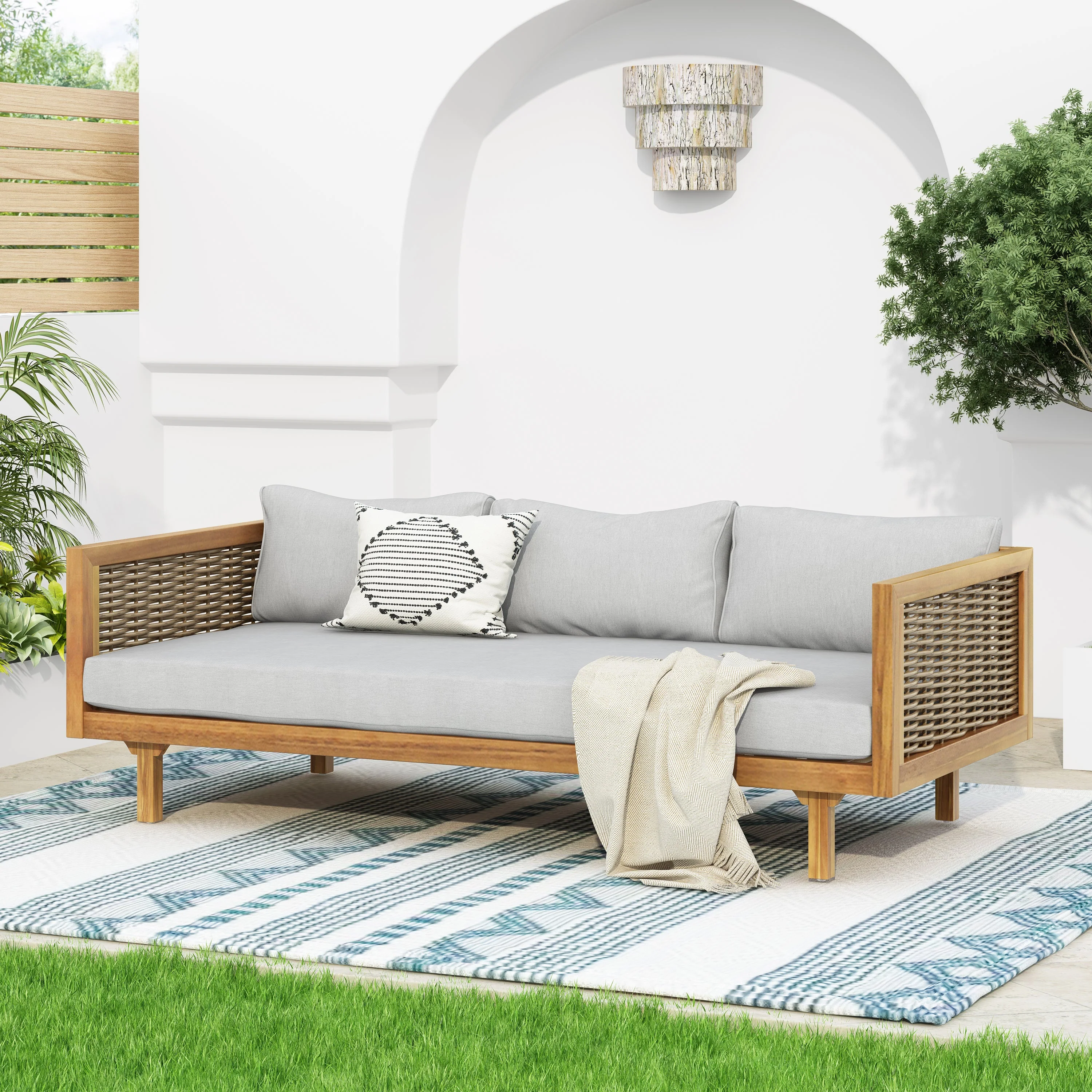 Walker Edison | Modern Outdoor Teak Rattan Deep Seat Daybed