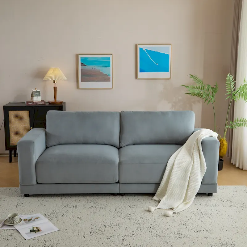Light Grey / Beige / Blue Square Arm Sofa, 2-Seater