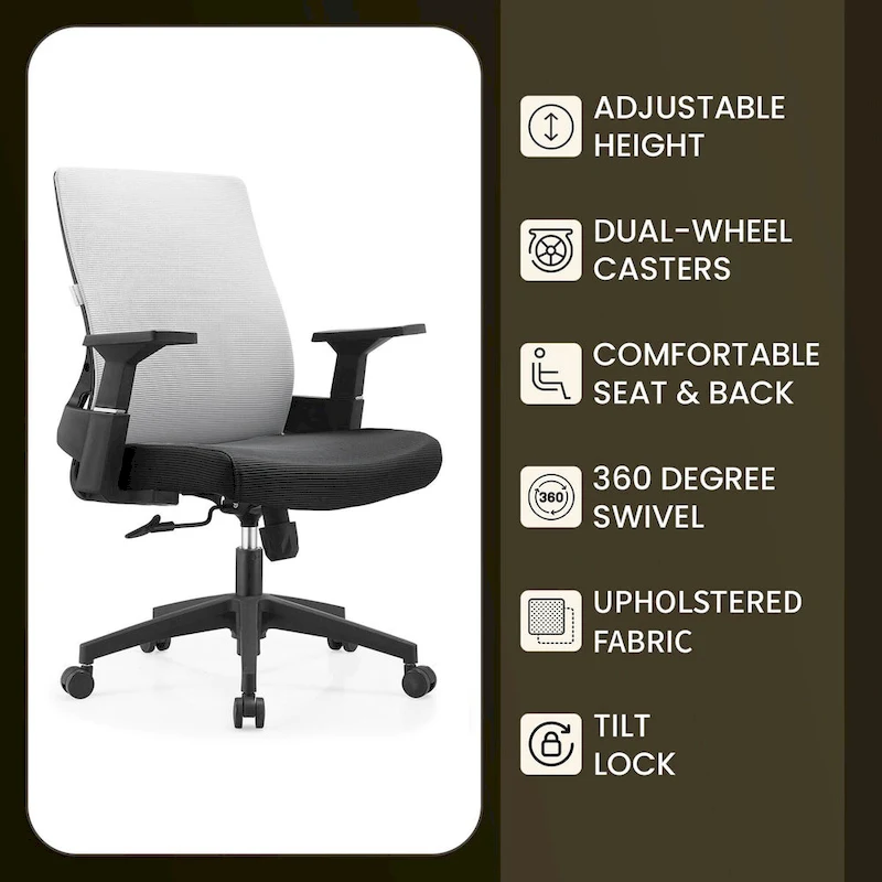 Adjustable Mid-Back Office Chair with 360-Degree Swivel and Tilt Brio Series by LeisureMod