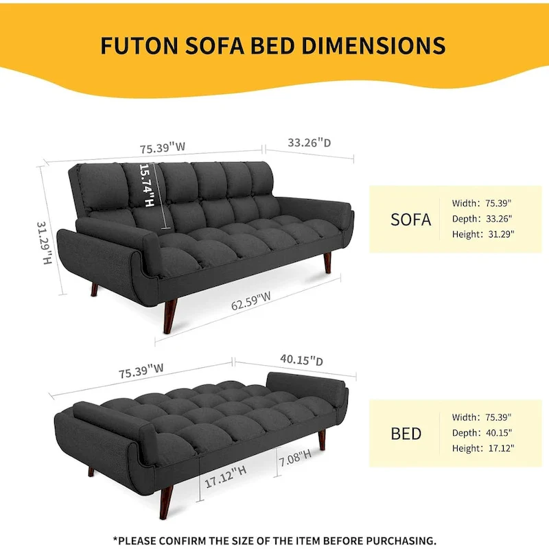 75.39 IN. Futon Sofa Bed, Convertible Upholstered Couch Sleeper with Reclining Sleeper Split Tufted Back