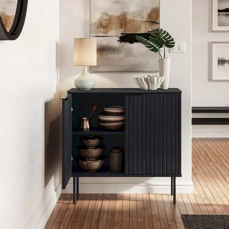 Compact Sideboard Buffet Cabinet with Fluted Design and Metal Legs, Black