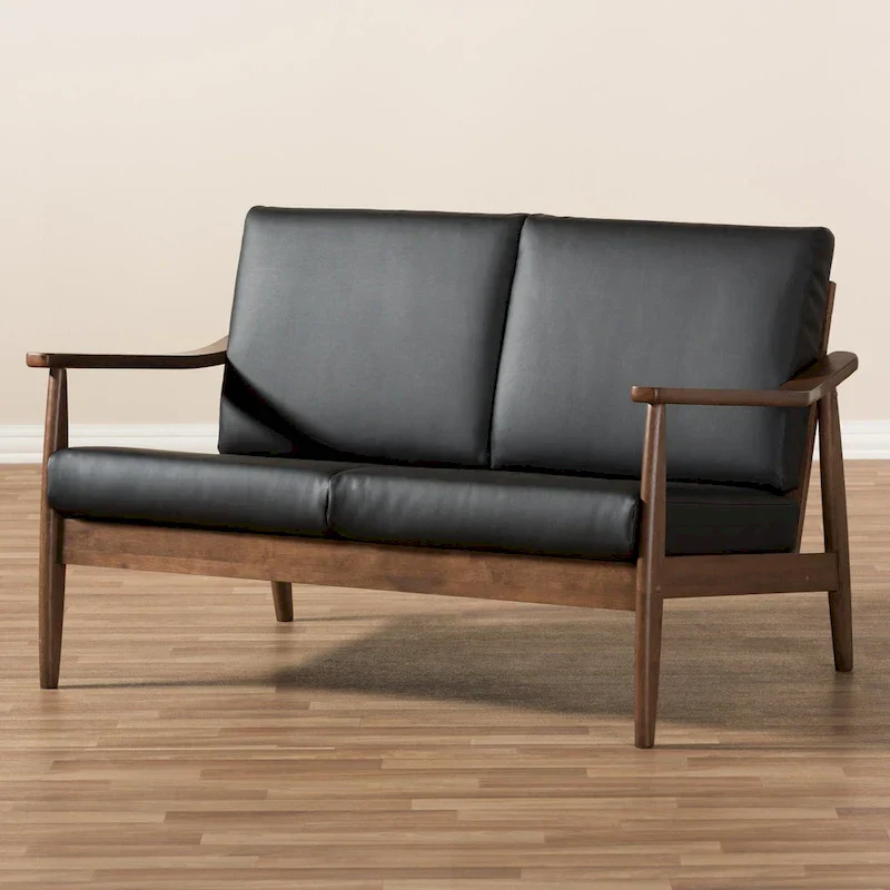 Brown Mid-Century Loveseat with Walnut Frame - Seats 2