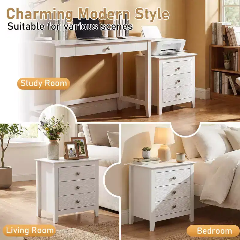 Costway 1/2 PCS Nightstand, Farmhouse 3-Drawer Night Stand with Wood Grain Accents & Sleek Knobs White/Black