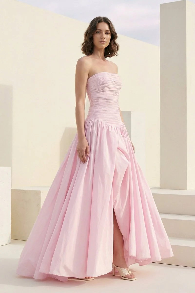 Pink - Strapless A Line Satin Pleated Prom Dresses With Slit