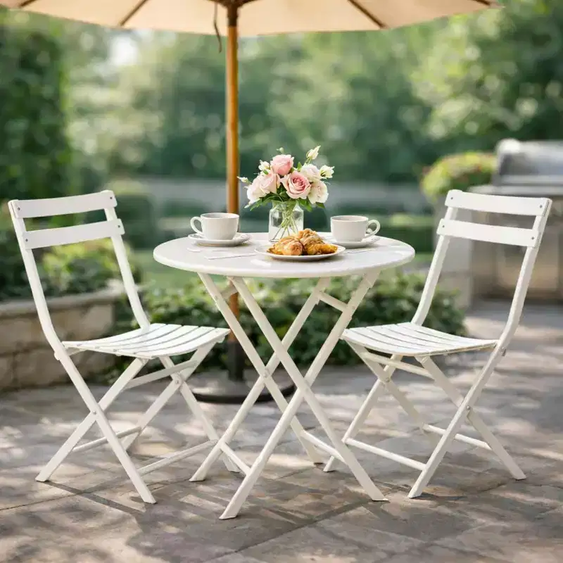 3-Piece Folding Patio Bistro Set, Outdoor Metal Table and Chairs Set, Space-Saving Balcony Furniture, Weather-Resistant, White
