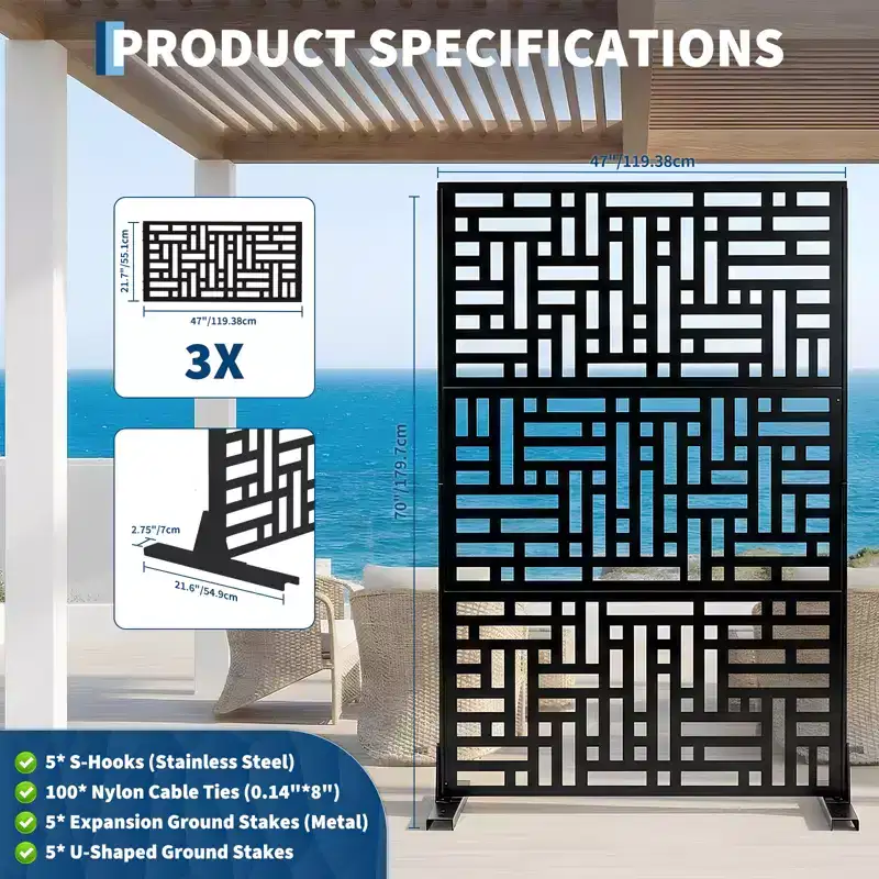 3-Panel Freestanding Metal Privacy Screen, 70-Inch Decorative Outdoor Divider, Weather-Resistant Geometric Design for Patio, Balcony and Pool Area