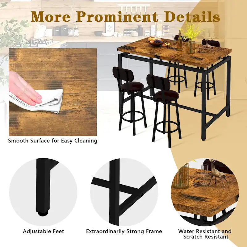 Mieres Industrial Style Rustic 5 Pieces Dining Table Set, Counter Height Dining Table with 4 Upholstered Bar Chairs