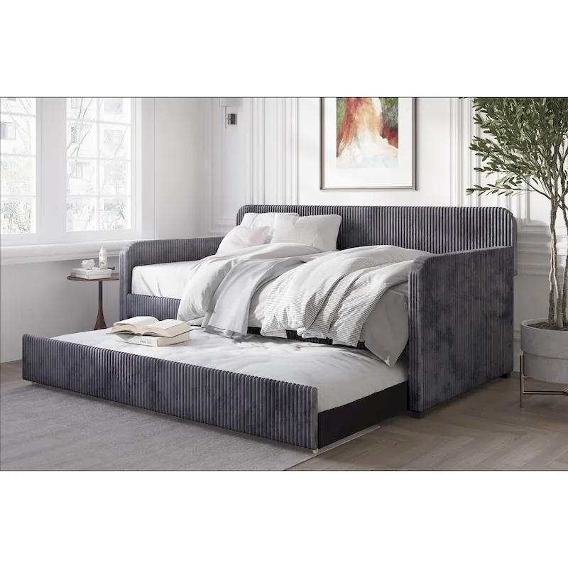 Velvet Twin Upholstered Daybed with Trundle – Black / Grey / Blue, Sleeps 1–2