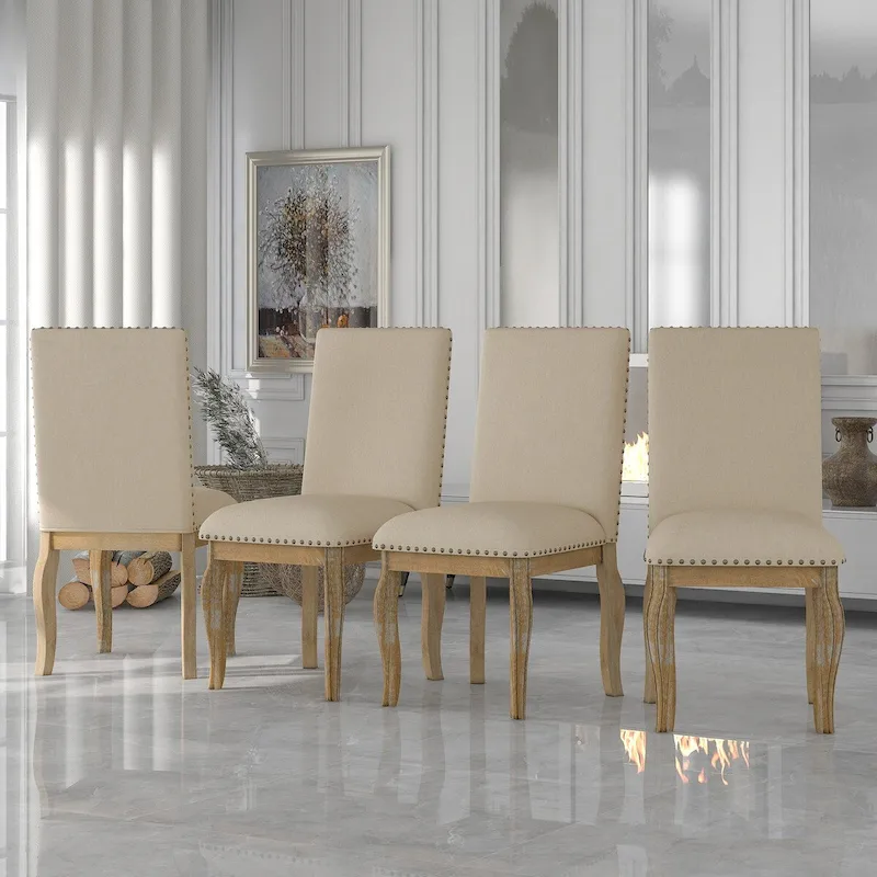 Set of 4 Wood Upholstered Dining Chairs with Nailhead Trim
