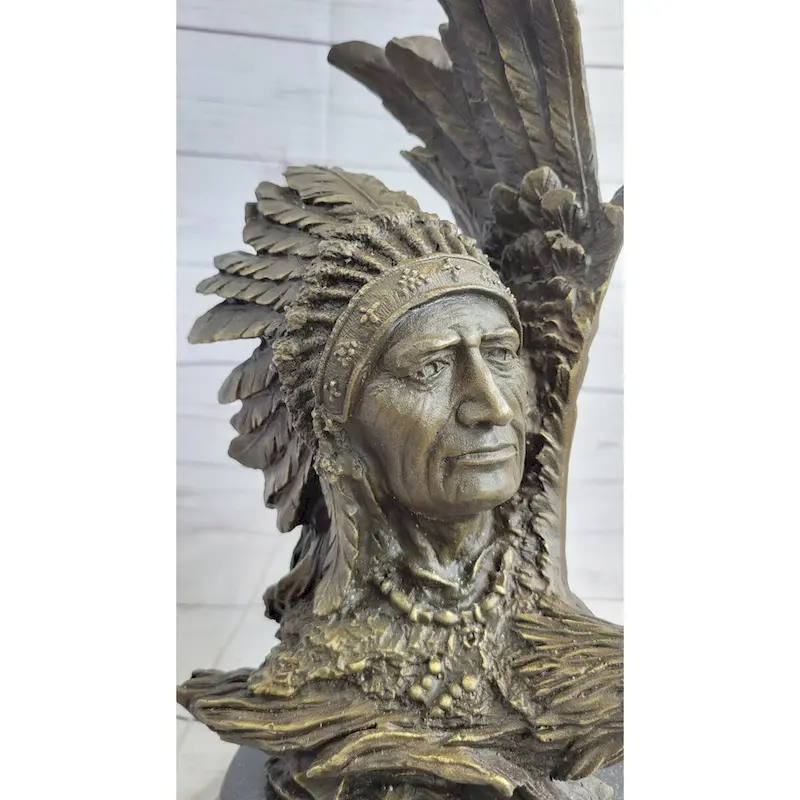 Native American Man Eagle Bronze Metal Bust Sculpture Statue On Marble Base