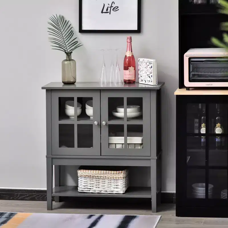 HOMCOM Kitchen Credenza & Sideboard Buffet Cabinet with 2 Glass Doors & Storage Shelves