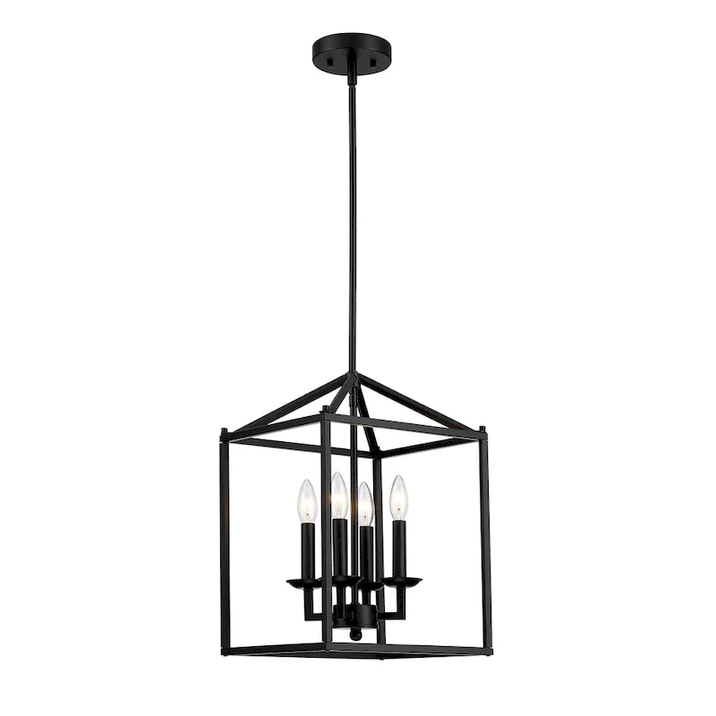 4-light pendant with black finish and steel cage shade