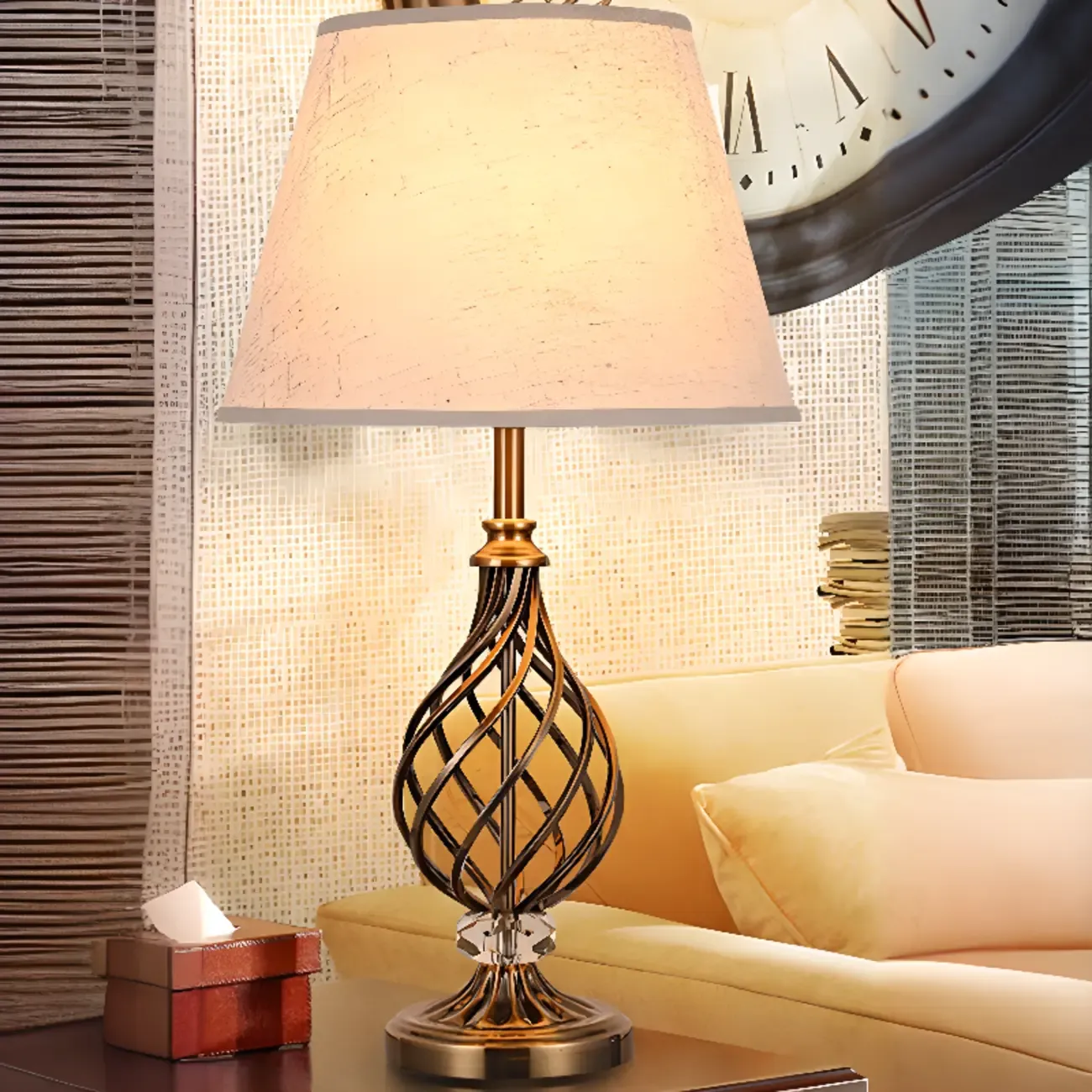 Geometric Fabric LED Bedside Table Lamp Antique Brass Base