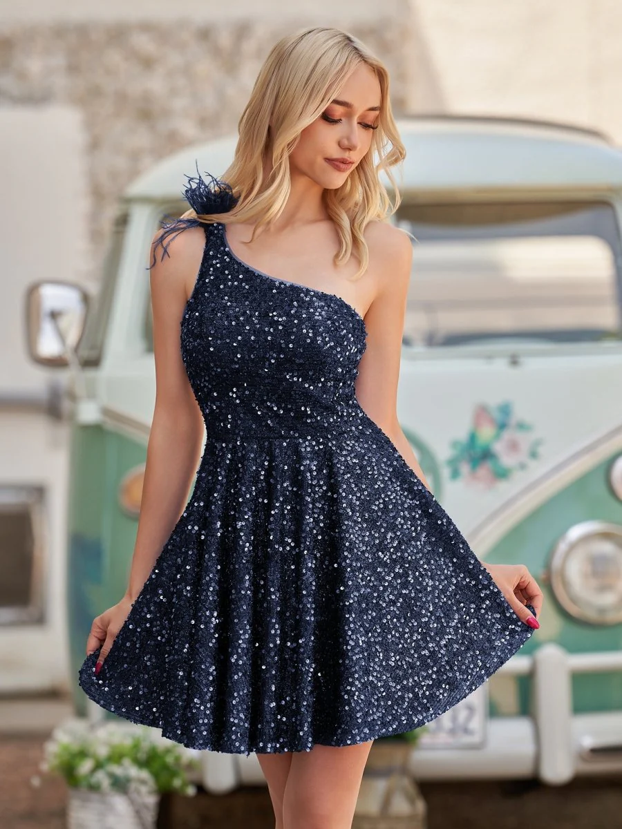 Royal Blue - One Shoulder A Line Sequins Homecoming Dresses With Feathers