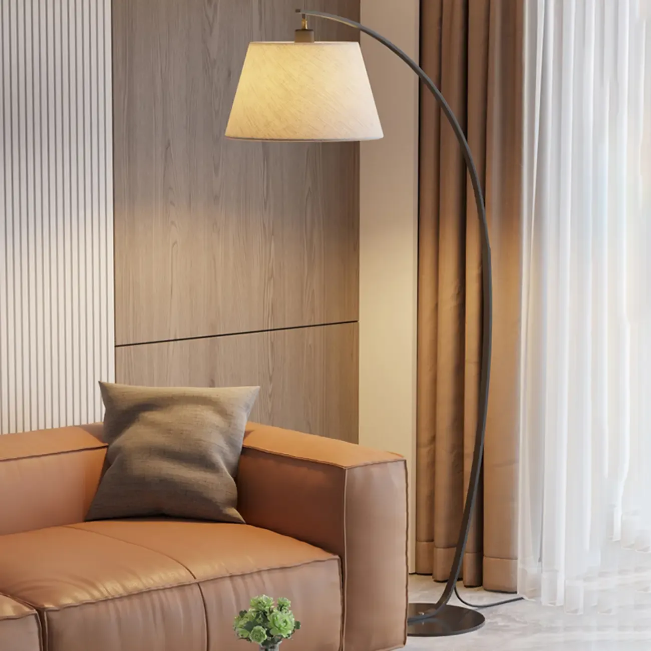 Modern LED Arc Floor Lamp with Fabric Shade for Living Room