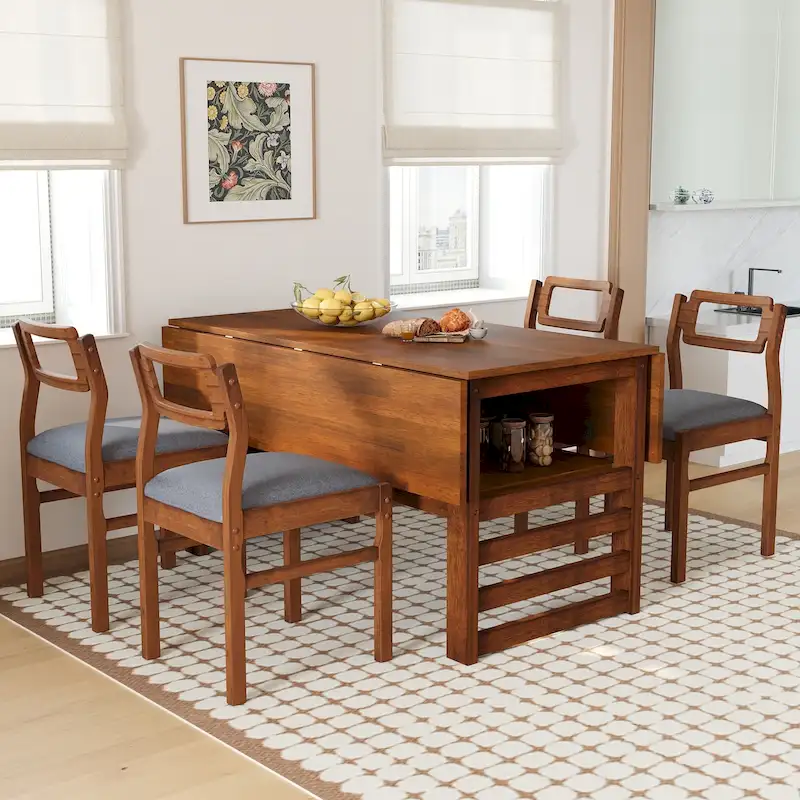 Wood Dining Table Set for 4, Extendable Square Kitchen Table Set with Two Drop Leaves, Storage Shelf and 4 Upholstered Chairs