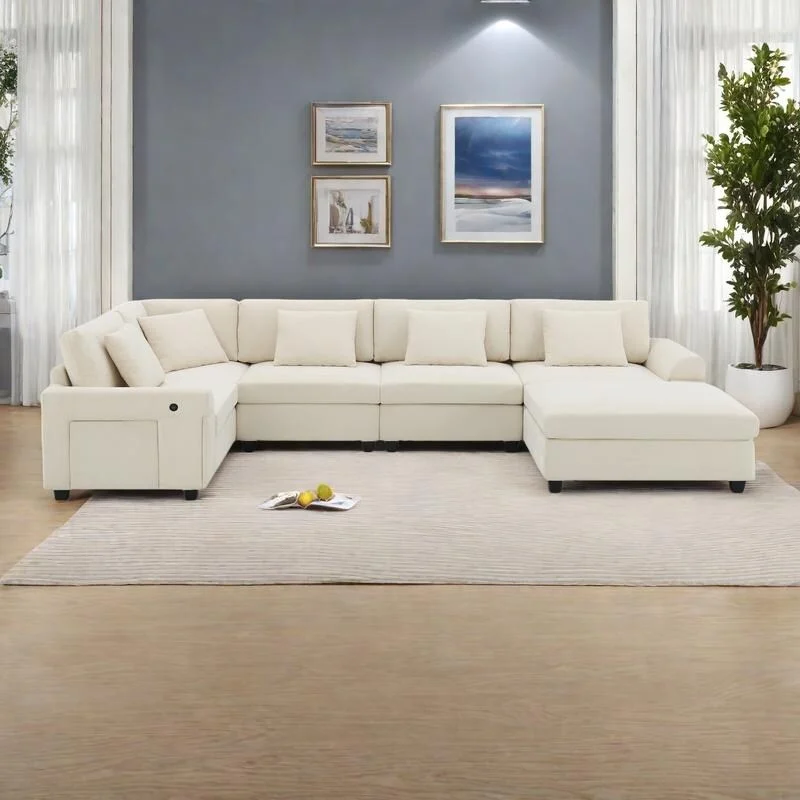 128 Chenille U-Shaped Sectional Sofa with Ottoman, 6-Seater Couch Set and Hidden Storage, USB Charging & Cup Holders