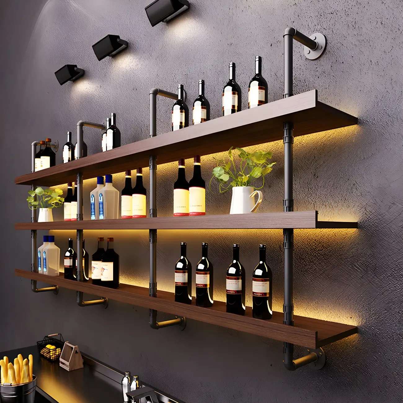 Brown Pine Wood Wall-Mounted Wine Rack with Light