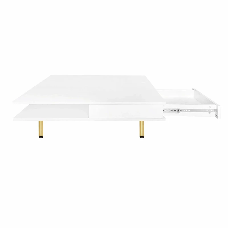 High Gloss Coffee Table: 4 Golden Legs, 2 Drawers, 2-Tier Square Design
