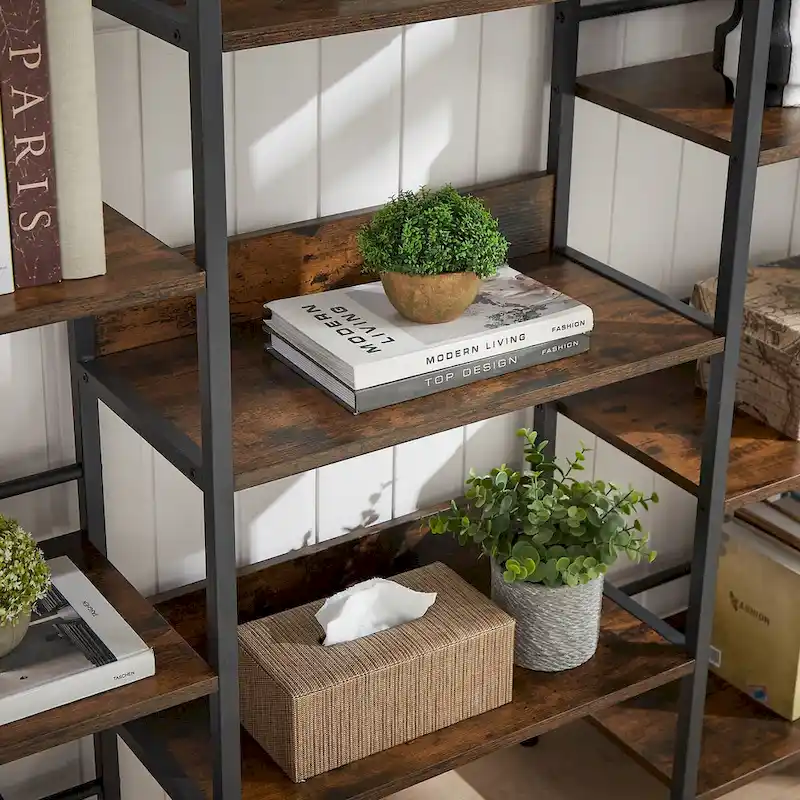 Triple Wide 5-shelf Bookshelves Industrial Retro Wooden Style Home and Office Large Open Bookshelves