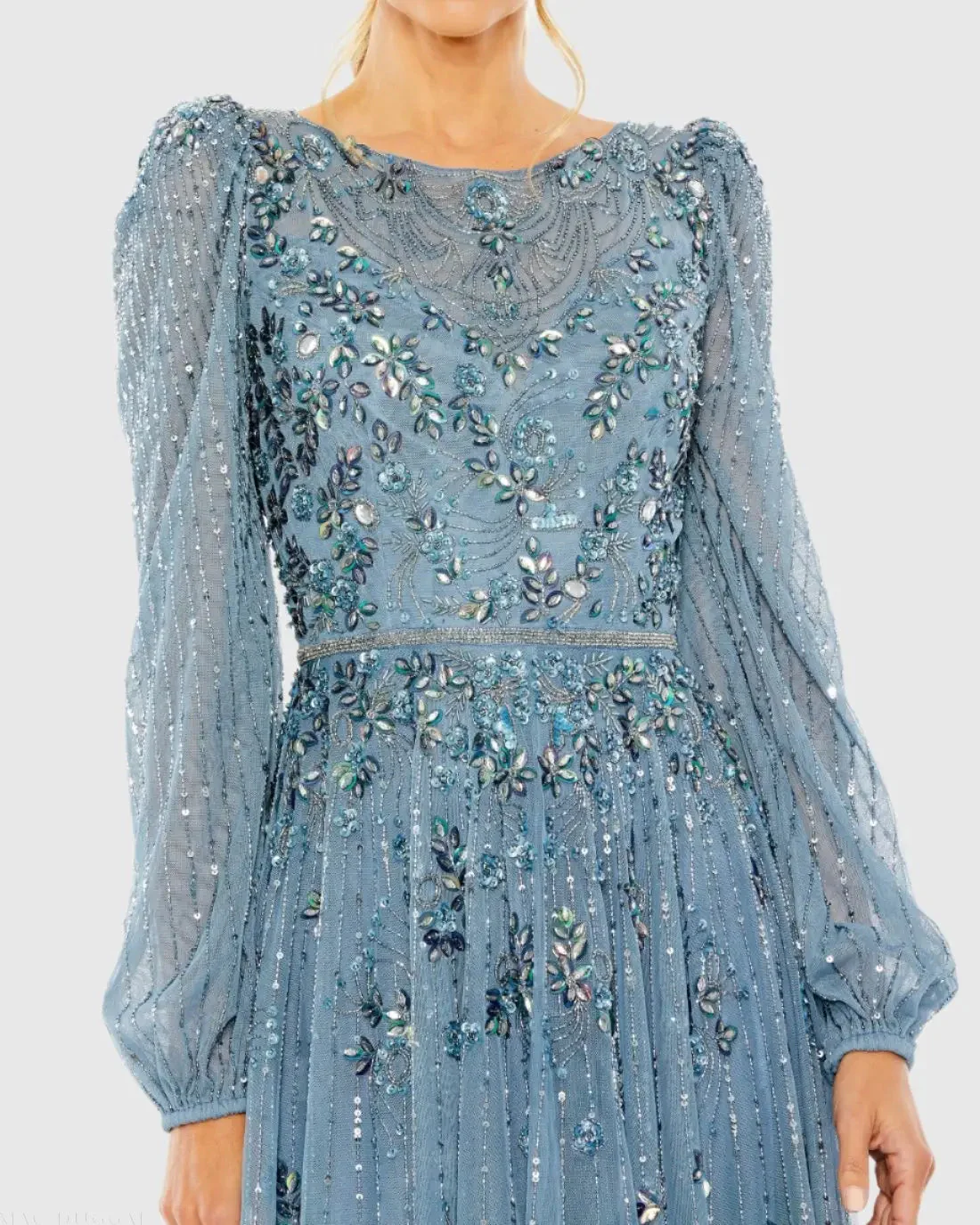 Blue Floral Embellished High Neck Puff Long Sleeve A Line Midi Dress