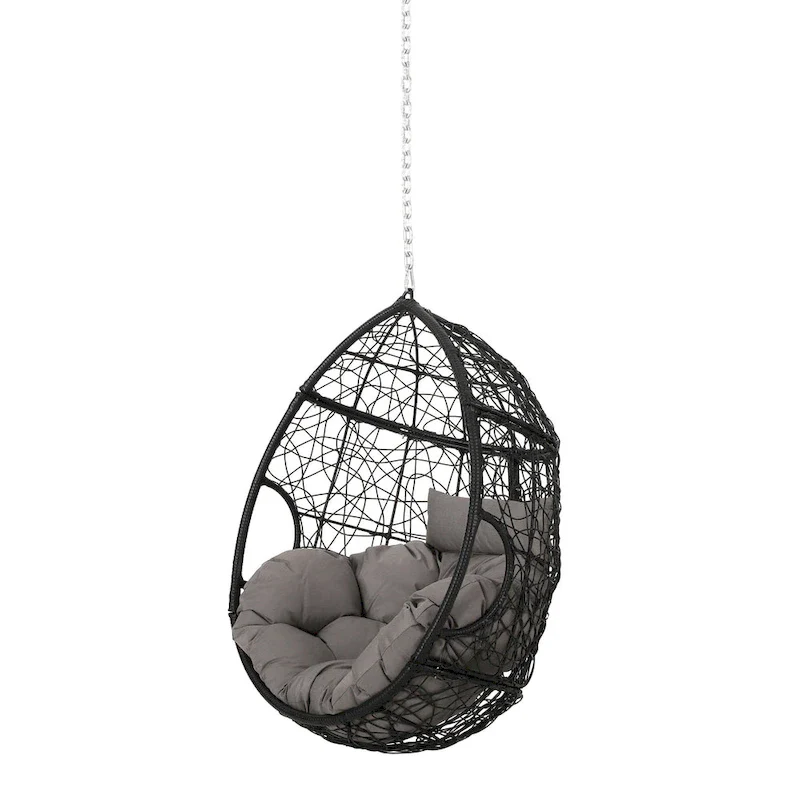 Castic Outdoor Hanging Chair, 46 Inch Rattan Frame, Black Iron, Gray