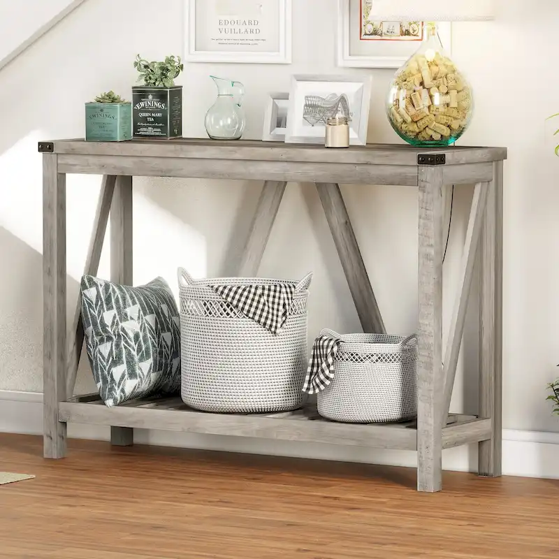 Grey / Black / Brown A-Frame Console Table with Shelf — 2-Tier, 1-Person Use