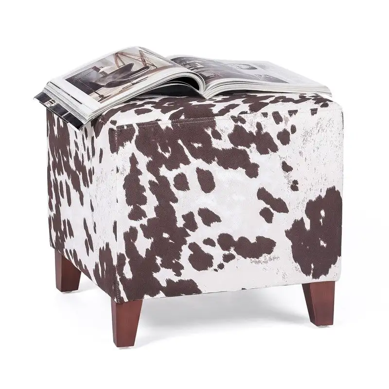Adeco British Style Cow Print Cube Ottoman Home Bench Classy Footstool