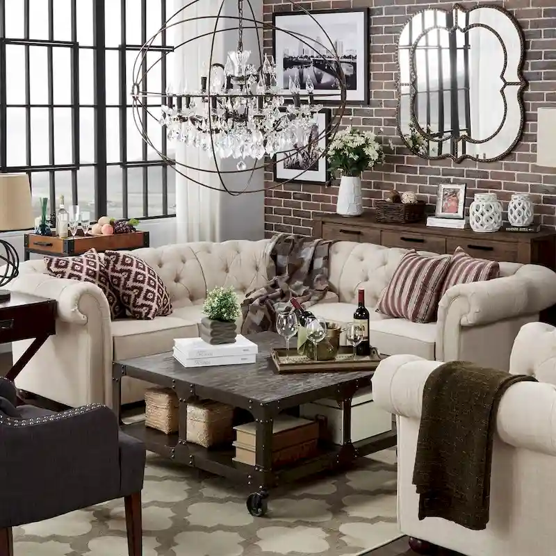Linen / Velvet / Bonded Leather L-Shaped Chesterfield Sectional Sofa, Seats 5