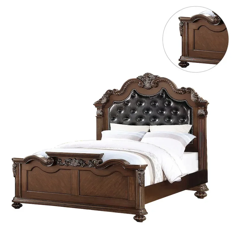 Wooden Bed With Padded Headboard in Dark Cherry Finish
