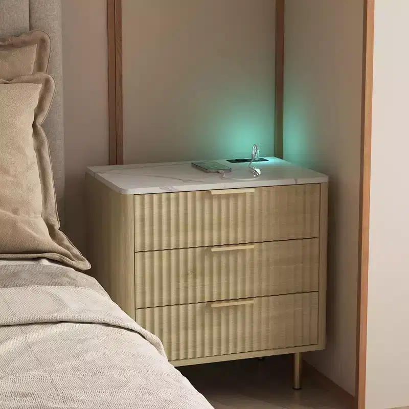 TUYOHW Smart Nightstand with Voice-Controlled Night Light & Charging Station,Bedside Table with 3 Drawers,End Table for Bedroom,Living Room