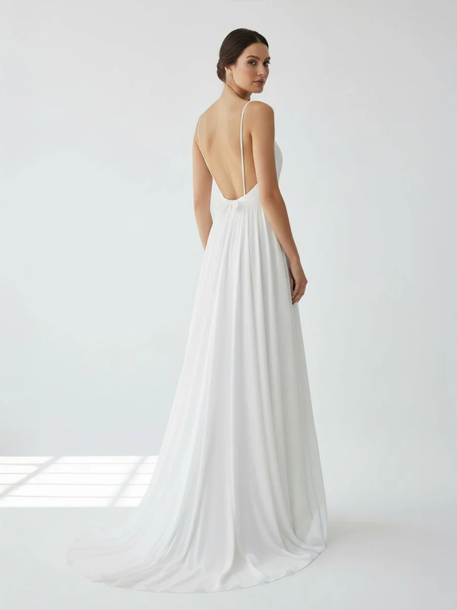 A-Line V Neck Straps Spaghetti Sheath Chiffon Wedding Dress
