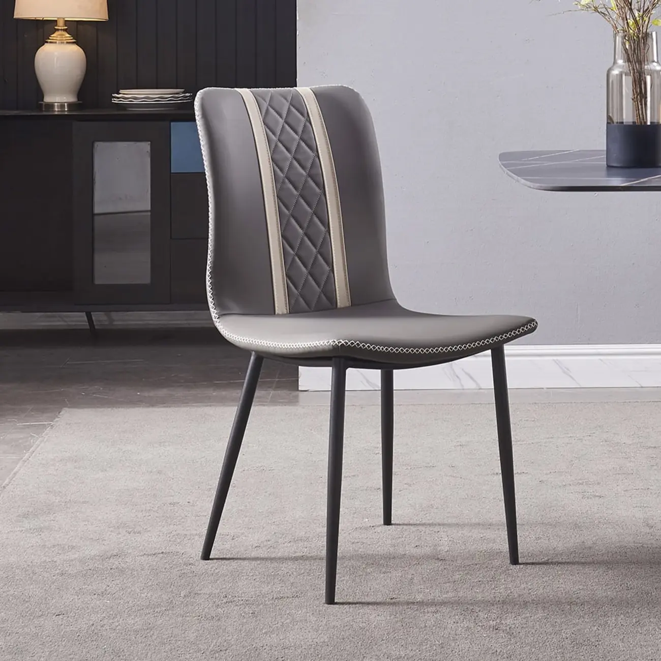 Modern Gray Faux Leather Metal Leg Armless Dining Chair