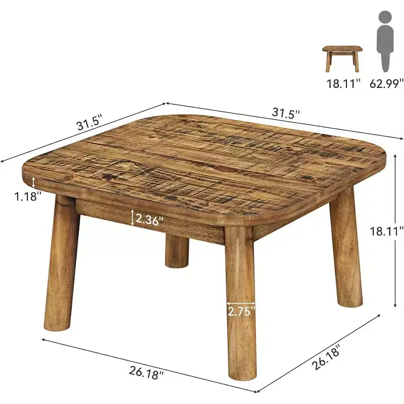 Lantine Solid Wood Square Coffee Table, 31.5-Inch Farmhouse Center Table with Rounded Corners, for Living Room, Office, Small Places, Rustic Brown