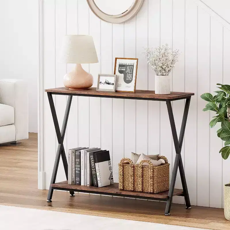 Narrow Entryway Console Table2-Tier Industrial Console Thin Sofa Side Display Table, for Hallway, Bedroom, Living Room, Foyer