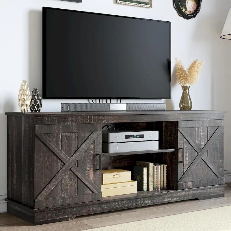 Moasis Farmhouse TV Stand with Barn Door Media Console Entertainment Center with Storage Cabinets