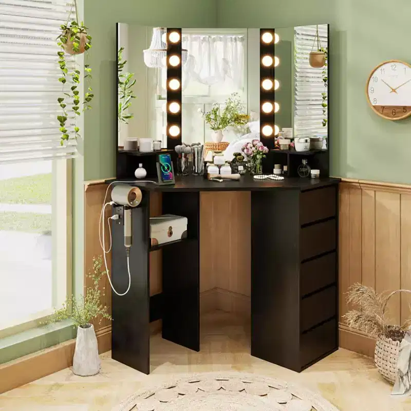 Okak Corner Vanity with 3-Color Adjustable Mirror, Vanity Desk with Power Outlet, Makeup Table with Ample Storage for Living Room Corner