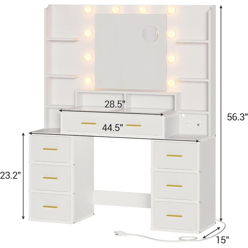 Glass Top Makeup Vanity Desk with Lighted Mirror, White/Black, Single