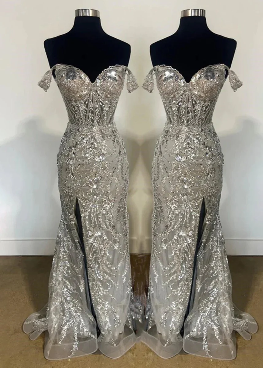 Gold Sequin Lace Off the Shoulder Mermaid Prom Dress