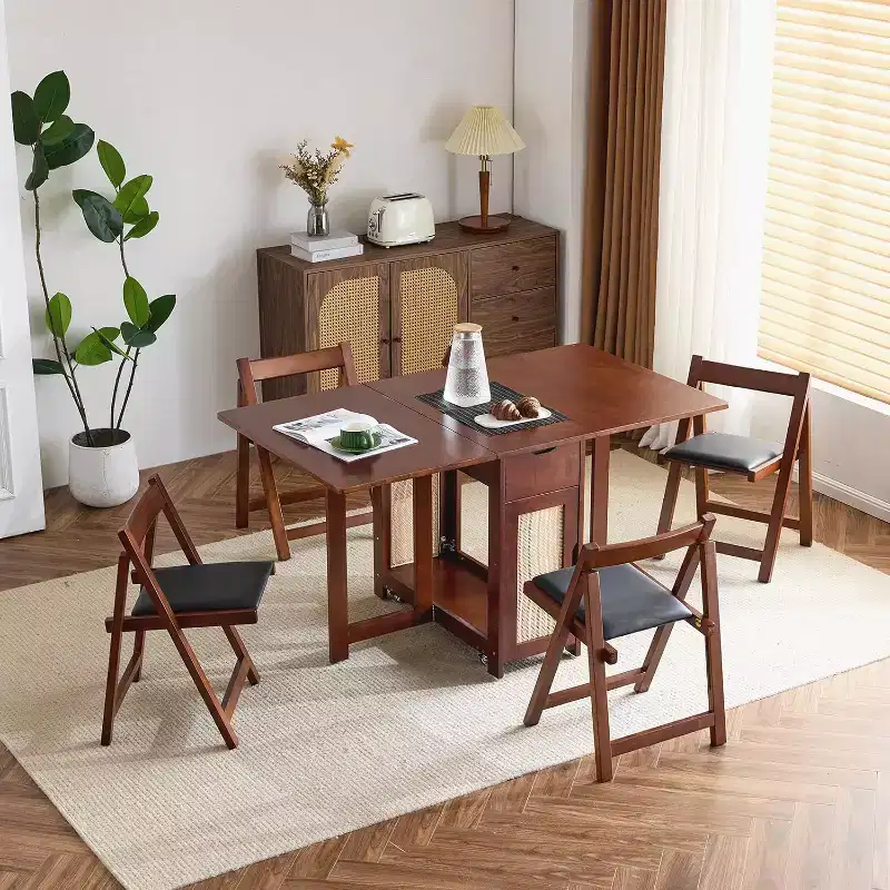 VINGLI 5-Piece Folding Dining Table Set, Extendable Drop Leaf Solid Wood Table with 4 Chairs, Drawers & Wheels