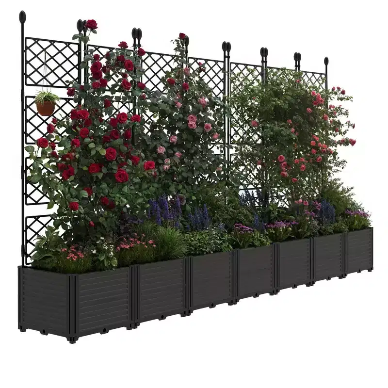 7 PCS Plastic Plant Box with Metal Trellis, Raised Garden Bed with Trellis Planter for Climbing Plant Outdoor Raised Privacy Screen,Planter Box