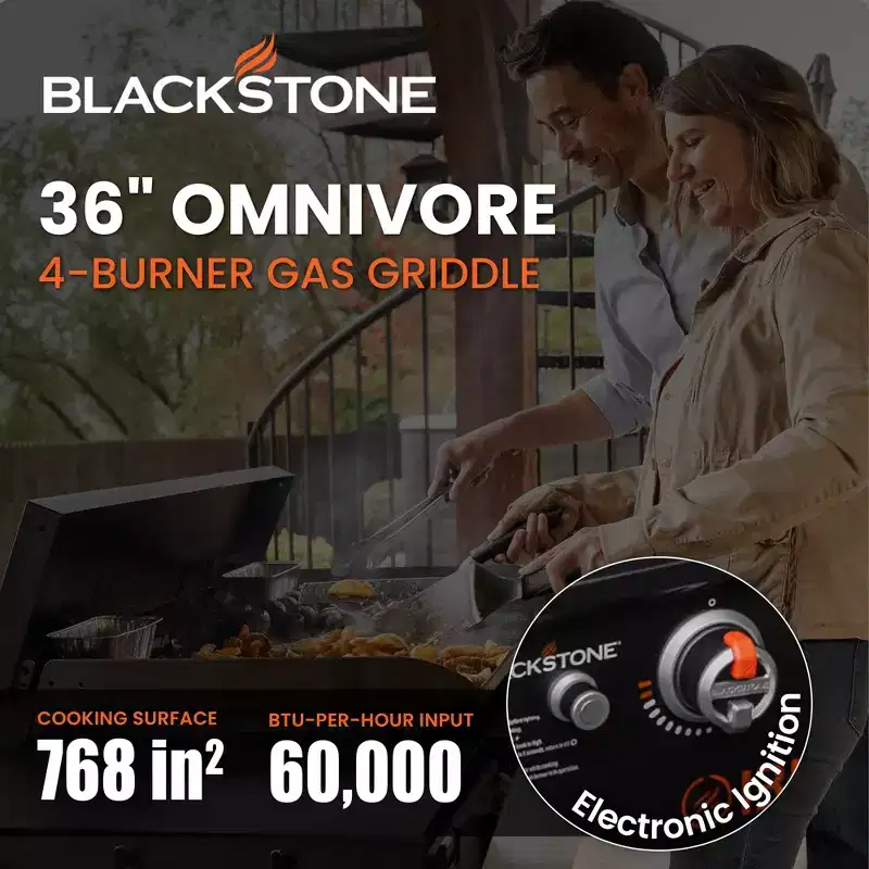 Blackstone 36 Omnivore Propane Griddle Combo, 4 Burners, Outdoor BBQ Grill Stove, Powder Coated Steel, 768 Sq. In. Cooking Top, Black