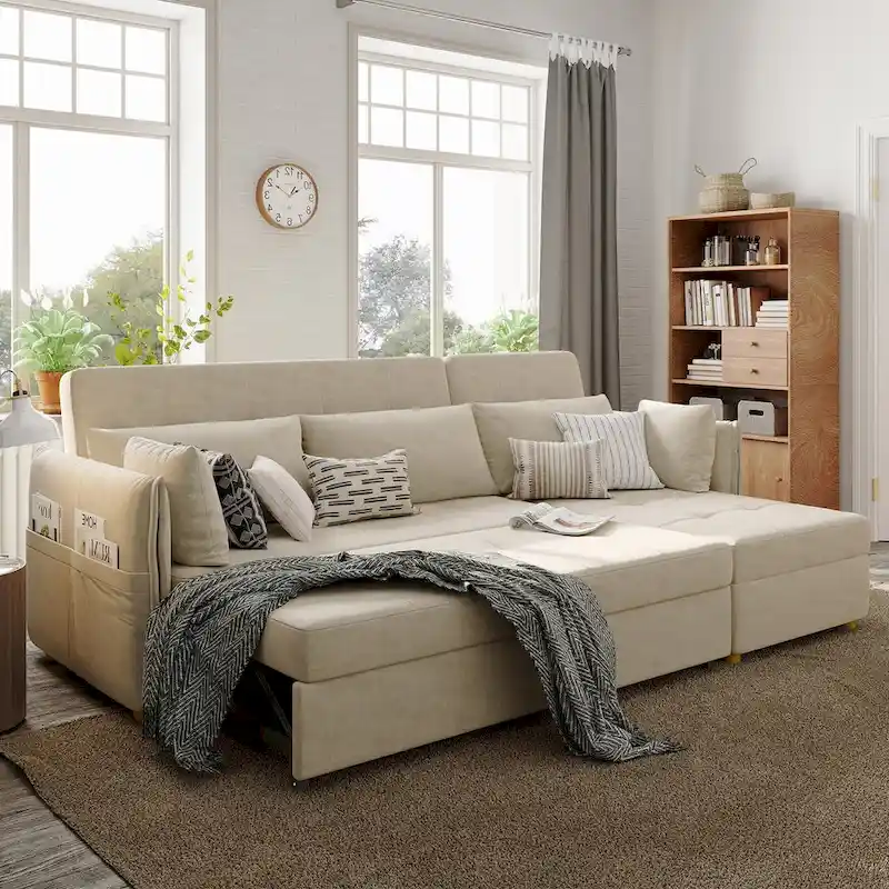 L-Shape Sofa Bed with Scratch-Resistant Fabric and Solid Wood Frame
