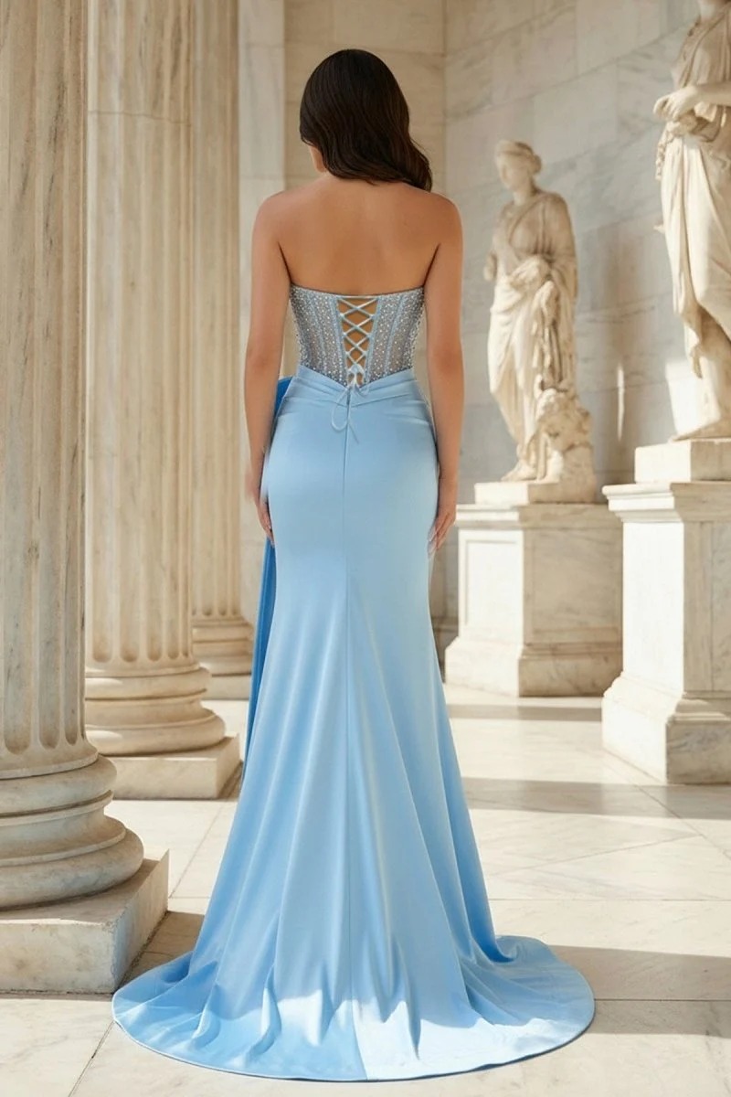 Split Strapless Mermaid Corset Prom Dresses with Side Bowknot